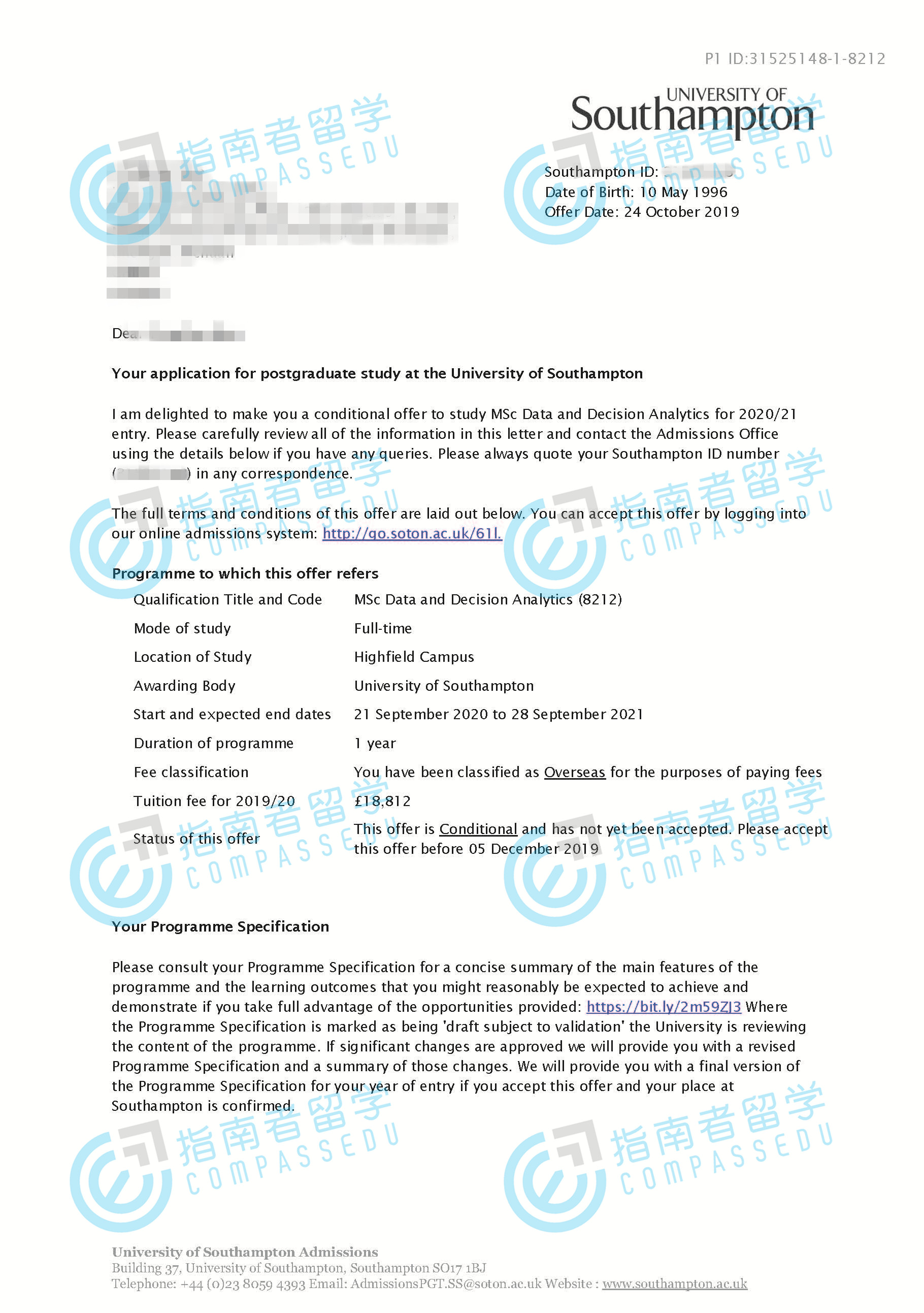 南安普顿大学数据与决策分析理学硕士研究生offer一枚