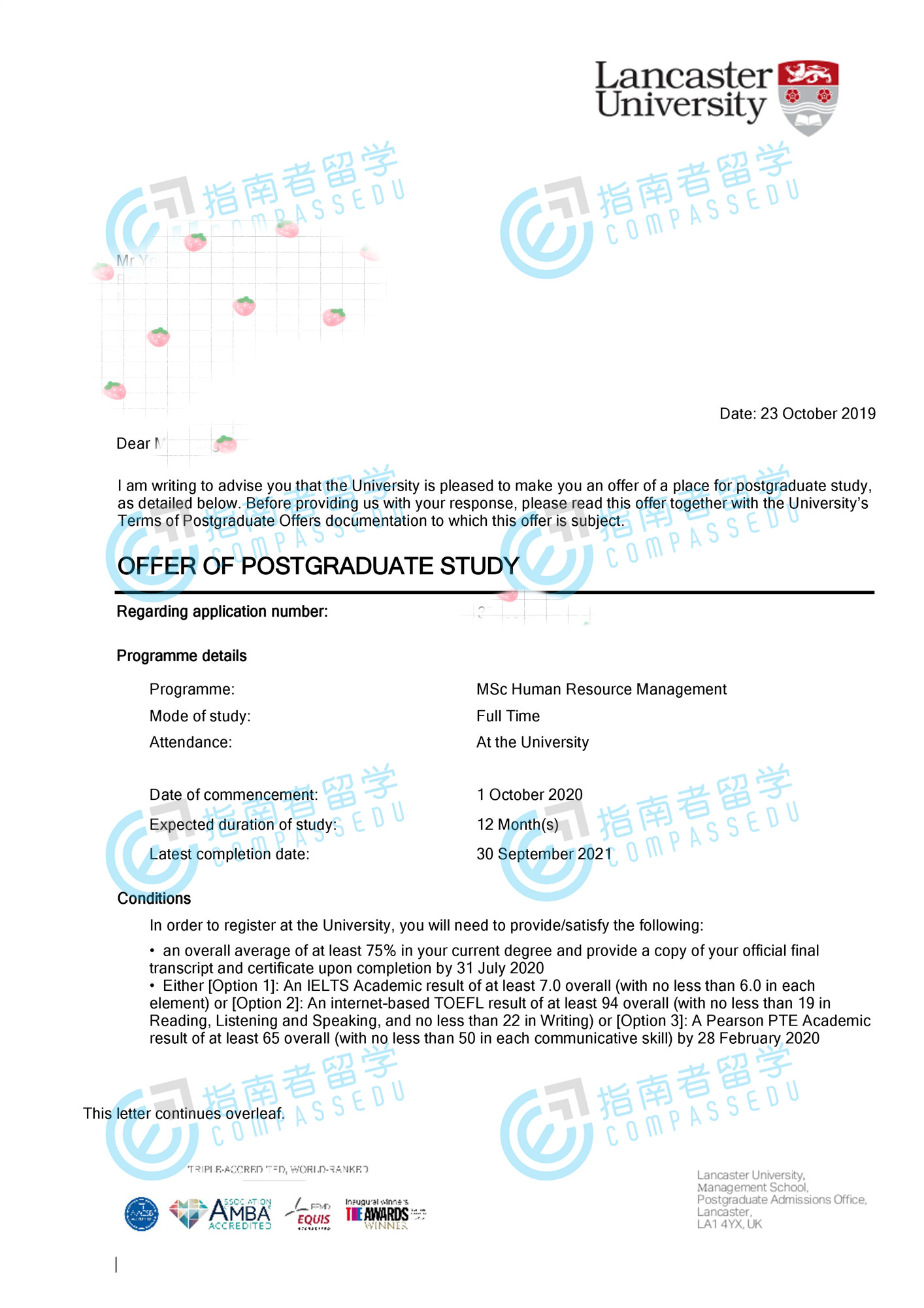 兰卡斯特大学人力资源管理理学硕士研究生offer一枚