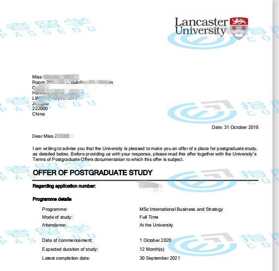 兰卡斯特大学国际商务与战略理学硕士研究生offer一枚