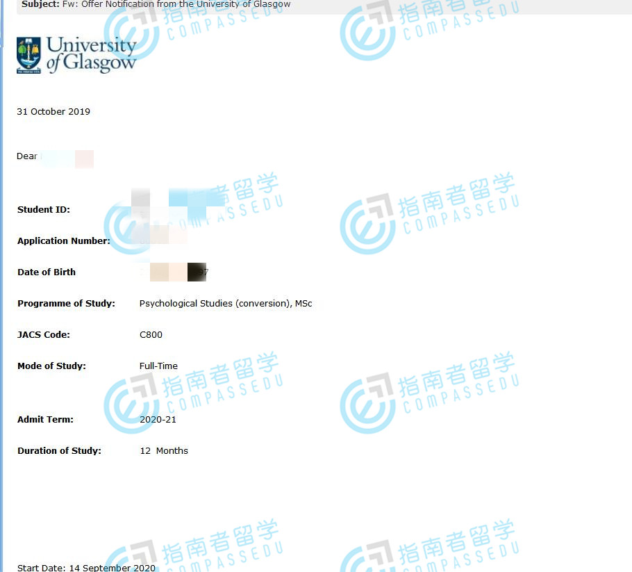 格拉斯哥大学心理学研究理学硕士（可跨申）研究生offer一枚