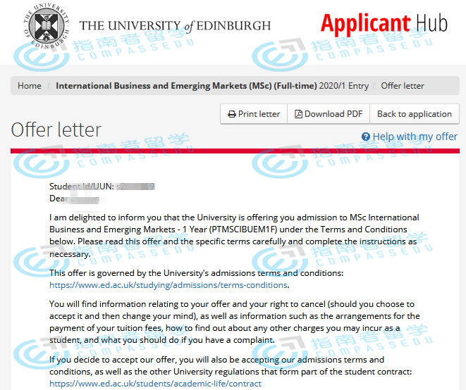 爱丁堡大学国际商务与新兴市场理学硕士研究生offer一枚