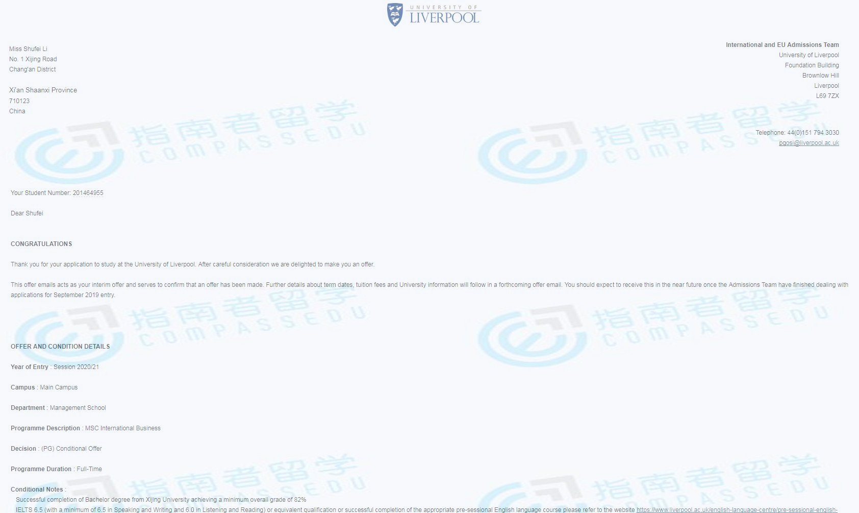 利物浦大学国际商务理学硕士研究生offer一枚