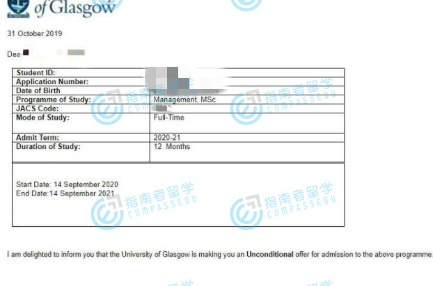 格拉斯哥大学管理学理学硕士研究生offer一枚