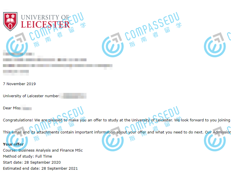 莱斯特大学商业分析与金融理学硕士研究生offer一枚