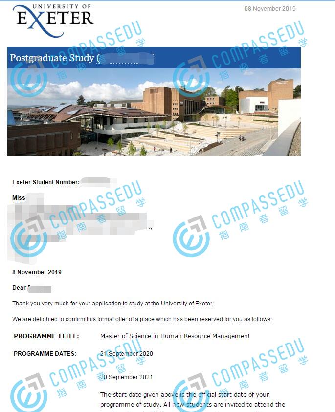 埃克塞特大学人力资源管理理学硕士研究生offer一枚