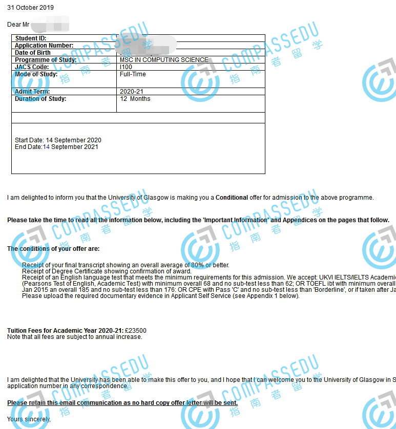 格拉斯哥大学计算科学理学硕士研究生offer一枚