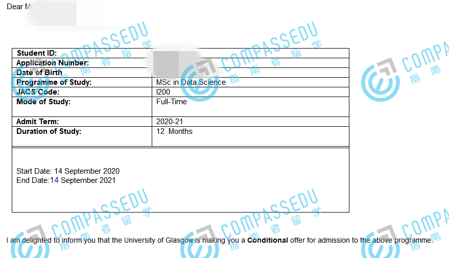 格拉斯哥大学数据科学理学硕士研究生offer一枚