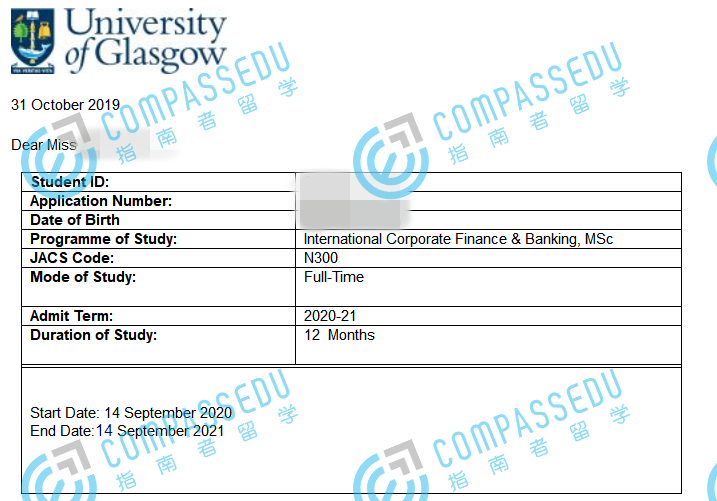 格拉斯哥大学国际企业金融与银行理学硕士研究生offer一枚