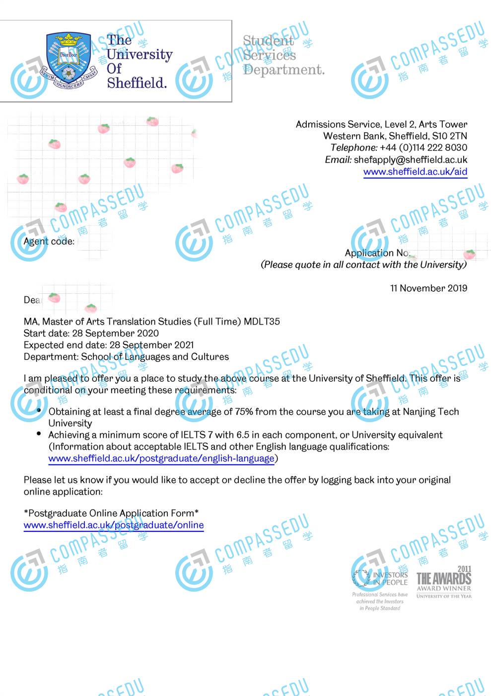 谢菲尔德大学翻译研究文学硕士研究生offer一枚