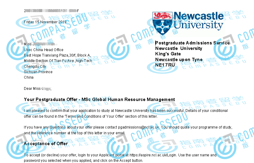 纽卡斯尔大学（英国）全球人力资源管理理学硕士研究生offer一枚