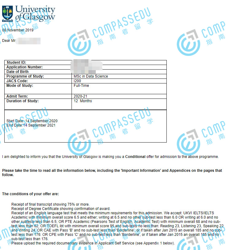 格拉斯哥大学数据科学理学硕士研究生offer一枚