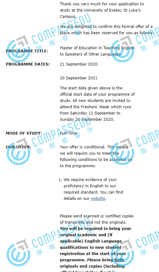 埃克塞特大学对外英语教学教育学硕士研究生offer一枚