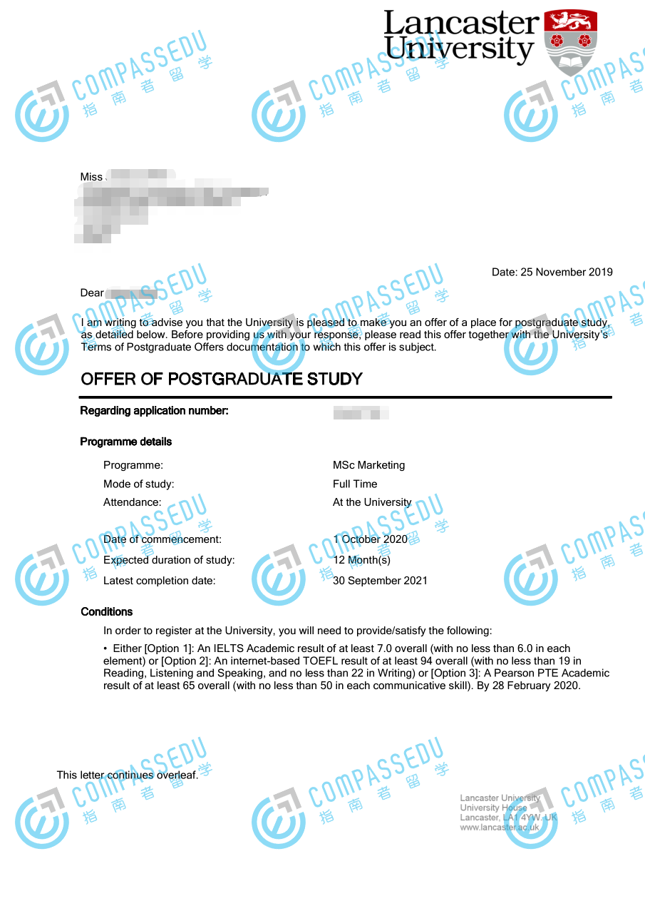 兰卡斯特大学市场营销理学硕士研究生offer一枚