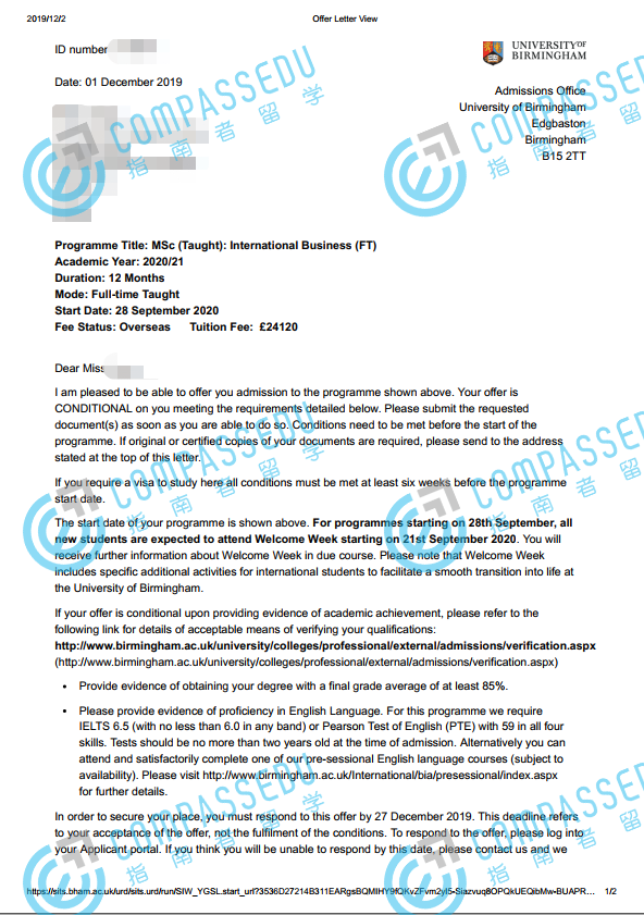 伯明翰大学国际商务理学硕士研究生offer一枚