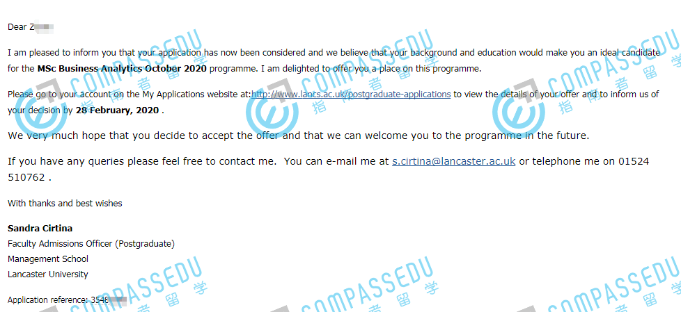兰卡斯特大学商业分析理学硕士研究生offer一枚