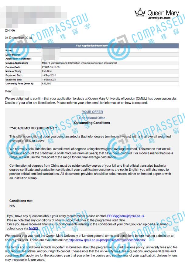 伦敦大学玛丽皇后学院计算与信息系统理学硕士（可跨申）研究生offer一枚