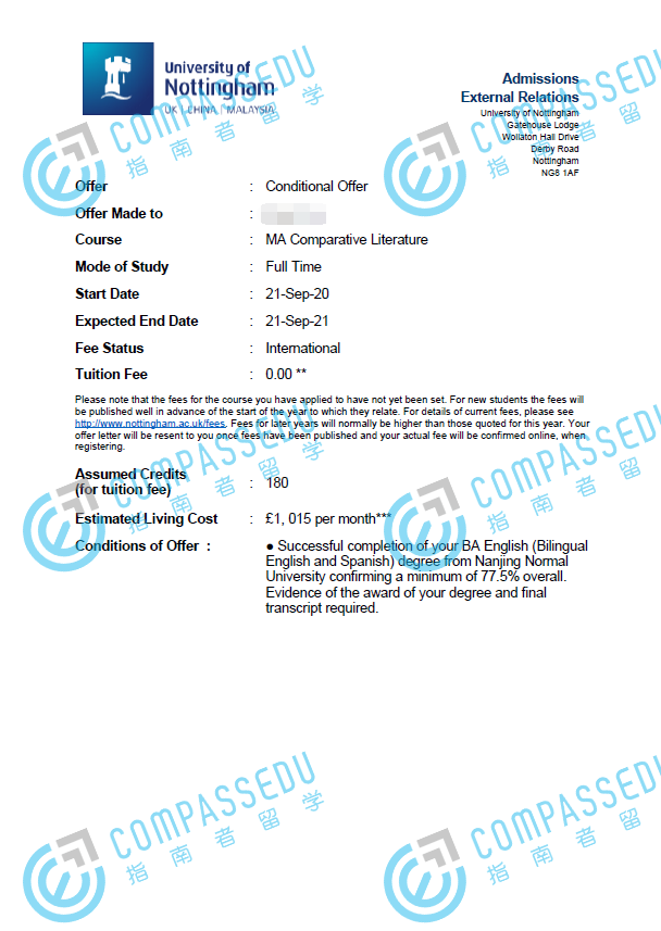 诺丁汉大学比较文学文学硕士研究生offer一枚