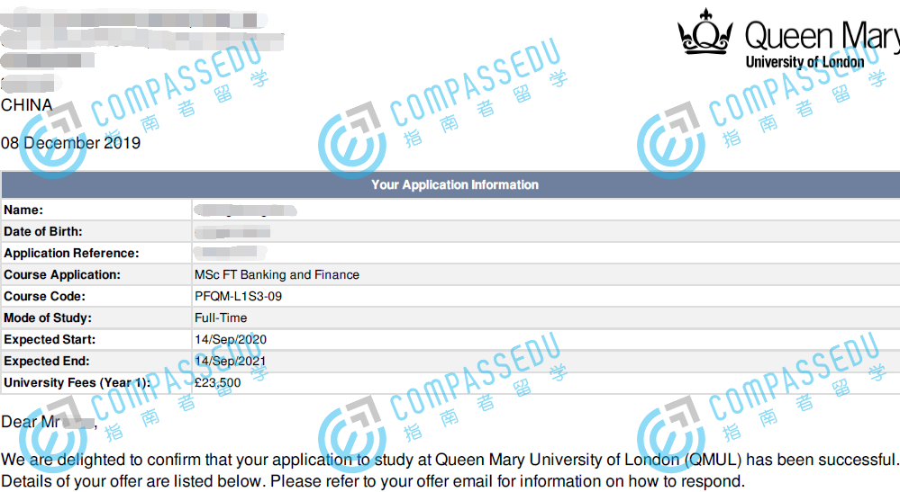 伦敦大学玛丽皇后学院银行与金融理学硕士研究生offer一枚