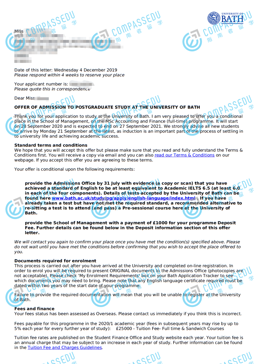 巴斯大学会计与金融理学硕士研究生offer一枚