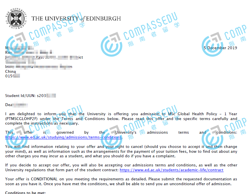 爱丁堡大学全球健康政策理学硕士研究生offer一枚