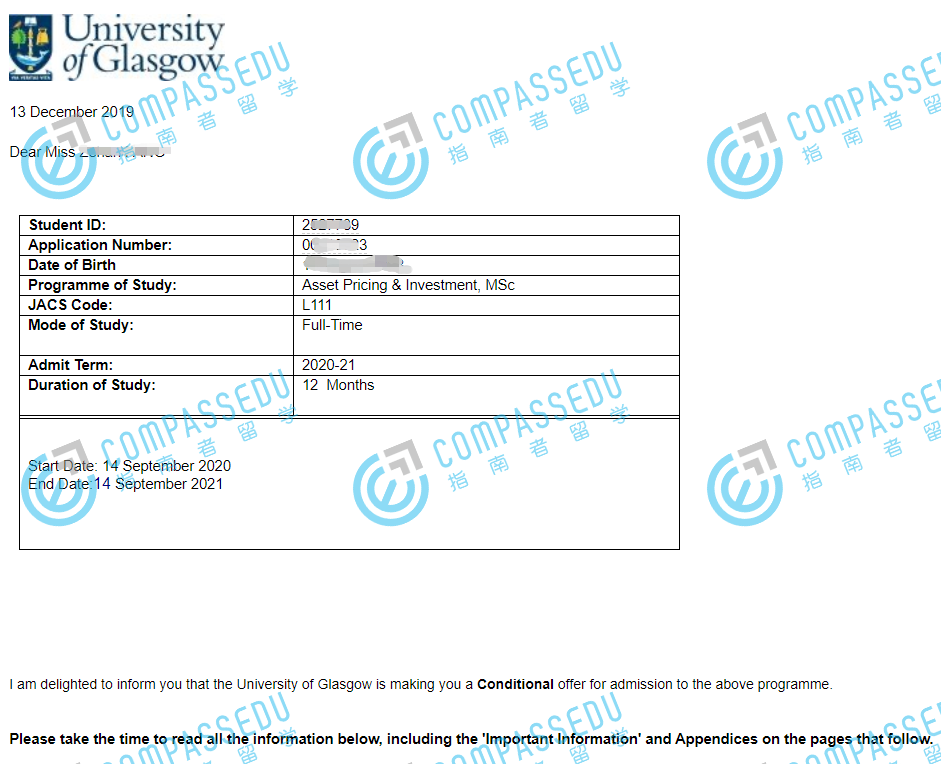 格拉斯哥大学金融建模与投资理学硕士研究生offer一枚