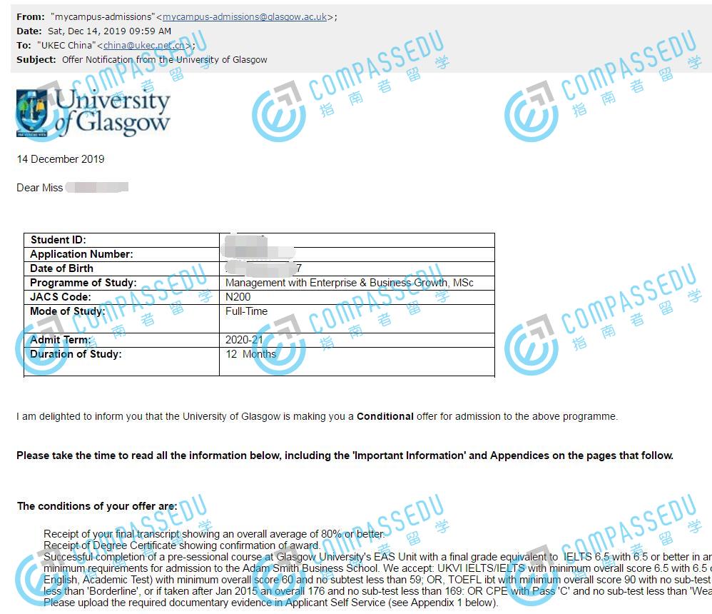 格拉斯哥大学管理学（企业与业务成长）理学硕士研究生offer一枚