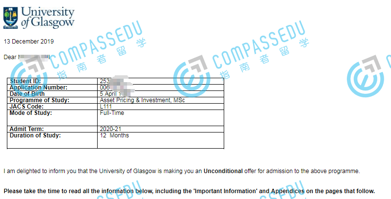 格拉斯哥大学金融建模与投资理学硕士研究生offer一枚