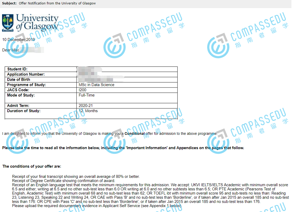 格拉斯哥大学数据科学理学硕士研究生offer一枚
