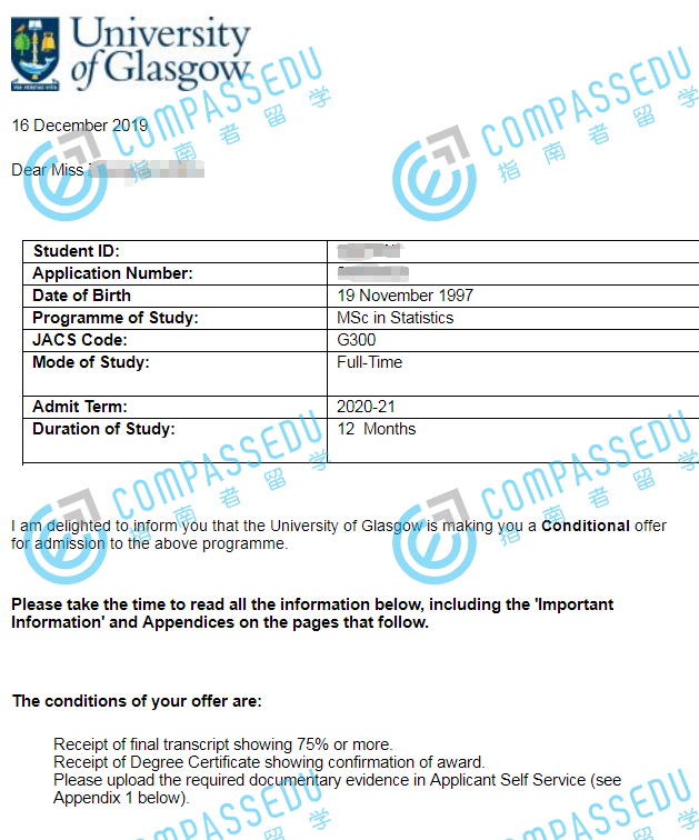 格拉斯哥大学统计学理学硕士研究生offer一枚