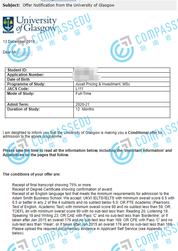 格拉斯哥大学金融建模与投资理学硕士研究生offer一枚