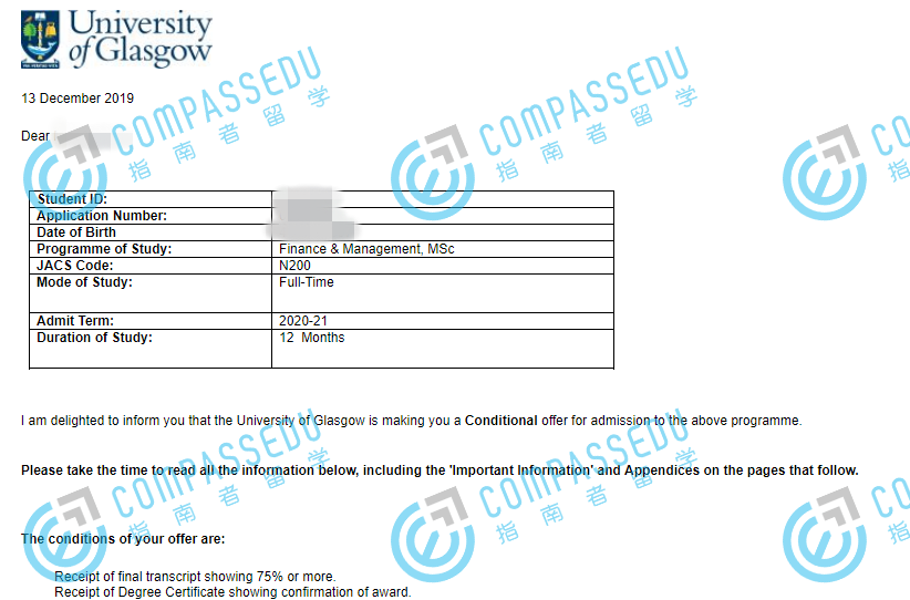 格拉斯哥大学金融与管理理学硕士研究生offer一枚