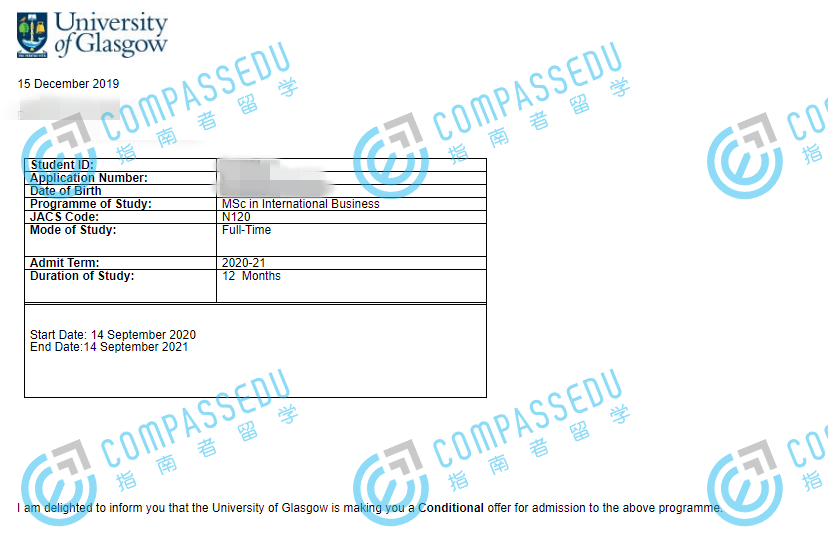 格拉斯哥大学国际商务理学硕士研究生offer一枚