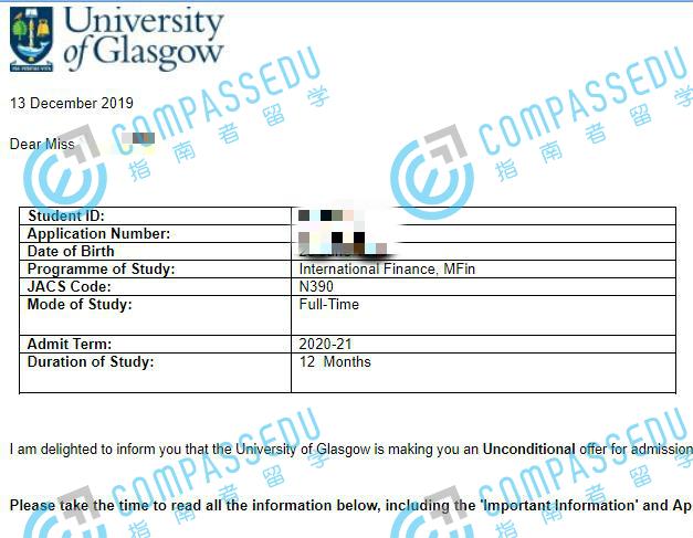 格拉斯哥大学国际金融金融学硕士研究生offer一枚