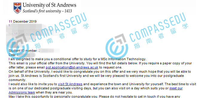 圣安德鲁斯大学信息技术理学硕士研究生offer一枚