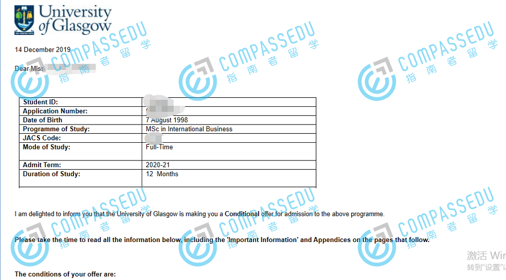 格拉斯哥大学国际商务理学硕士研究生offer一枚