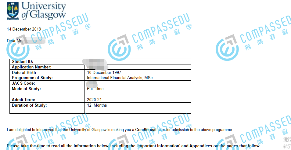 格拉斯哥大学国际金融分析理学硕士研究生offer一枚