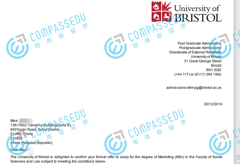 布里斯托大学市场营销理学硕士研究生offer一枚
