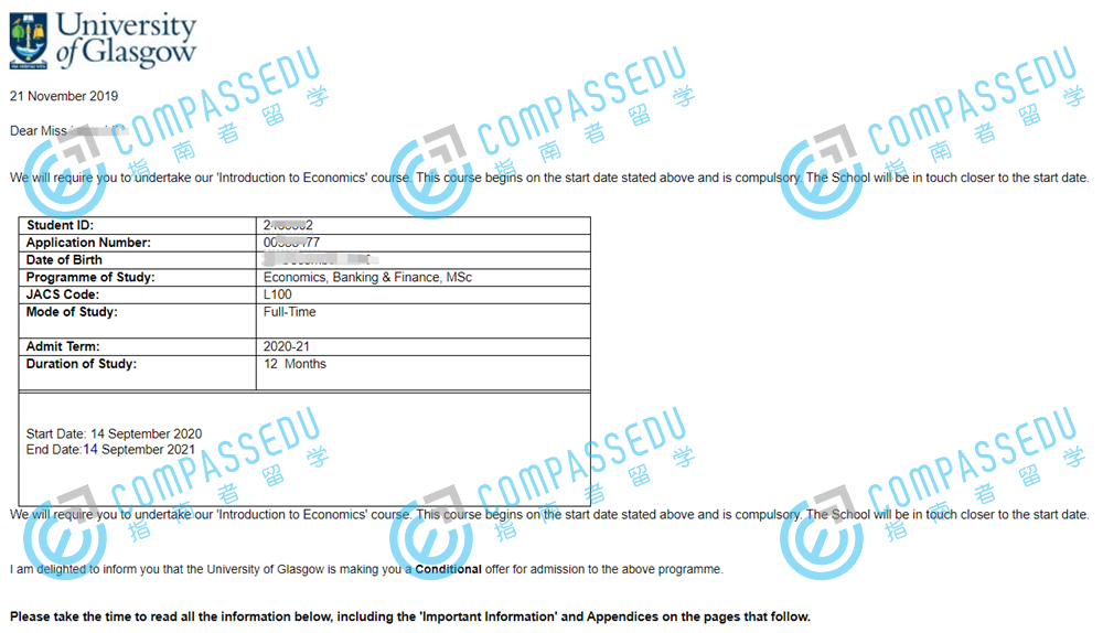 格拉斯哥大学经济、国际银行与金融理学硕士研究生offer一枚
