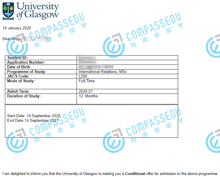 格拉斯哥大学国际关系理学硕士研究生offer一枚