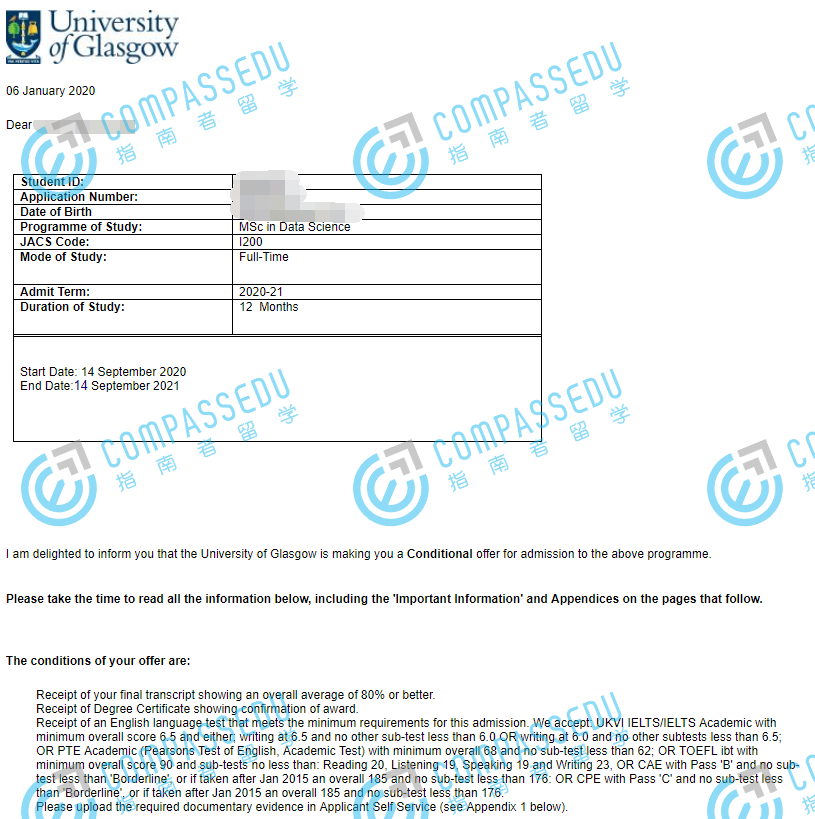 格拉斯哥大学数据科学理学硕士研究生offer一枚