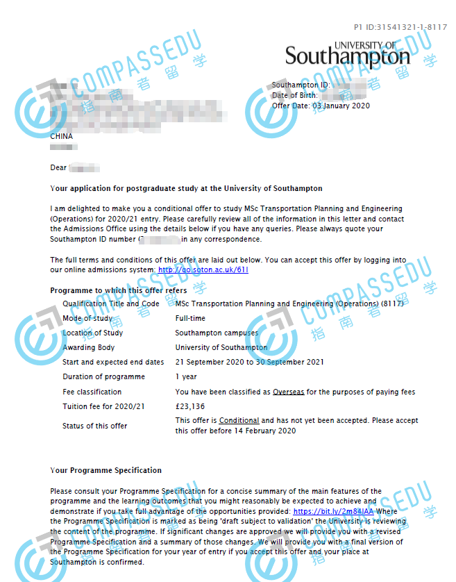 南安普顿大学运输规划与工程（运营）理学硕士研究生offer一枚
