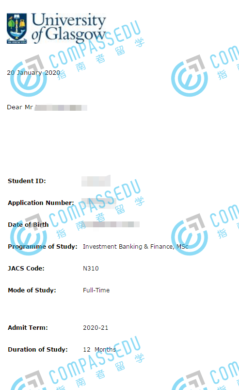 格拉斯哥大学投资银行与金融理学硕士研究生offer一枚