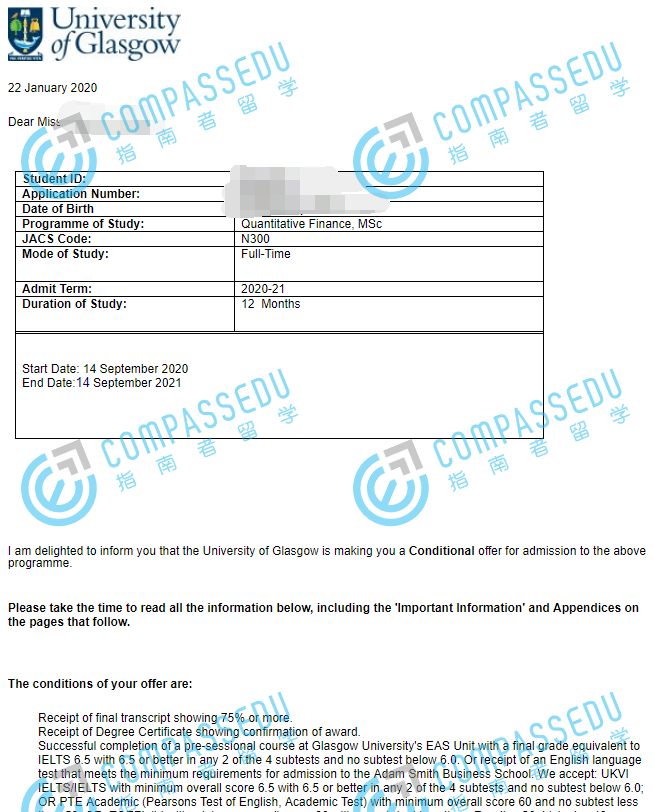 格拉斯哥大学定量金融学理学硕士研究生offer一枚