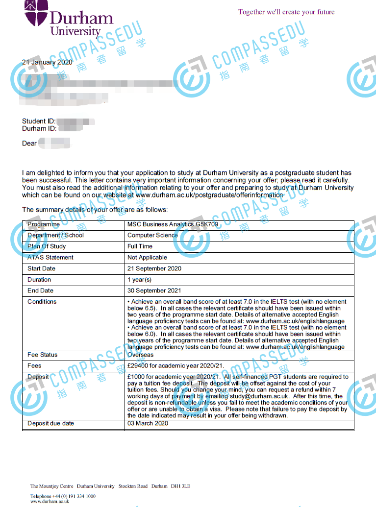 杜伦大学商业分析理学硕士研究生offer一枚