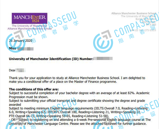 曼彻斯特大学金融学理学硕士研究生offer一枚