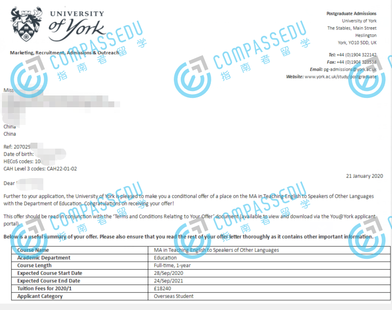 约克大学（英国）对外英语教学文学硕士研究生offer一枚