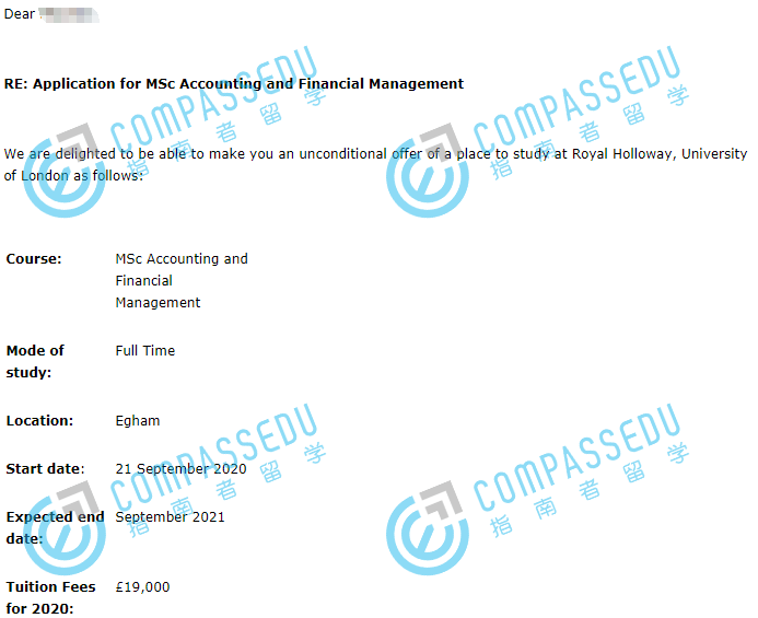 伦敦大学皇家霍洛威学院会计与财务管理理学硕士研究生offer一枚