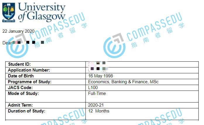 格拉斯哥大学经济、国际银行与金融理学硕士研究生offer一枚