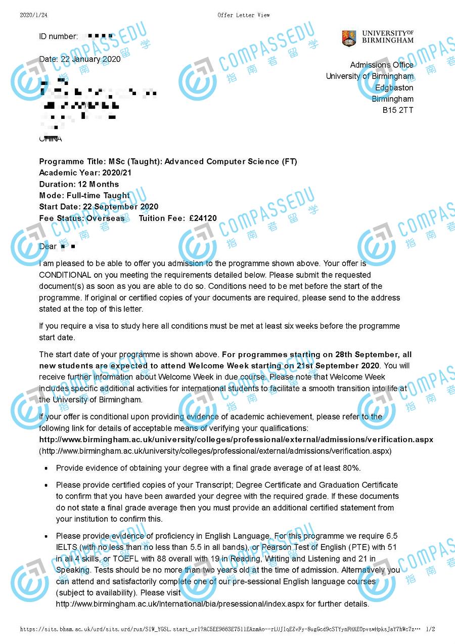 伯明翰大学高级计算机科学理学硕士研究生offer一枚