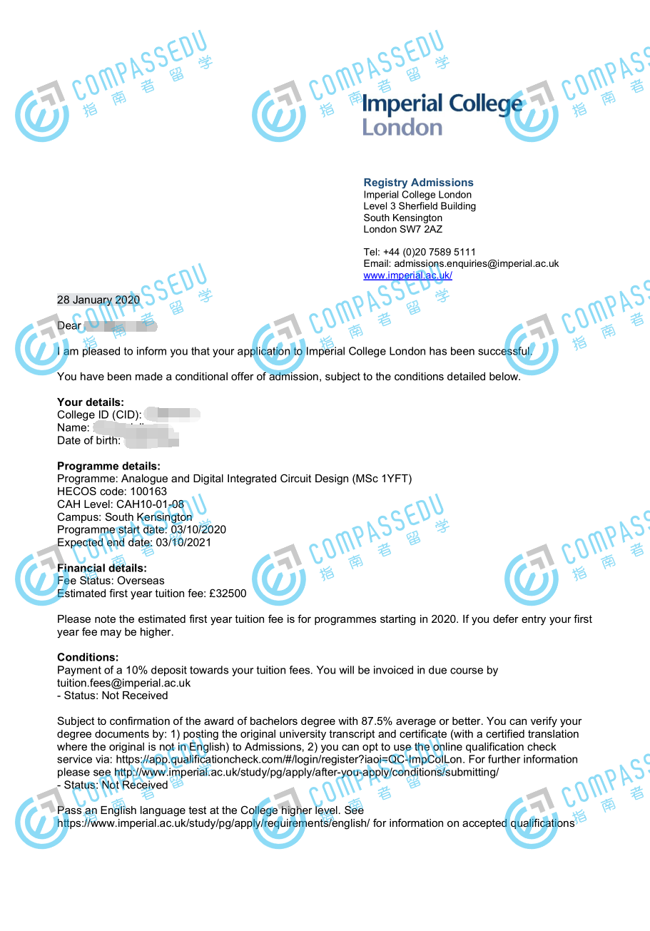 帝国理工学院模拟与数字集成电路设计理学硕士研究生offer一枚